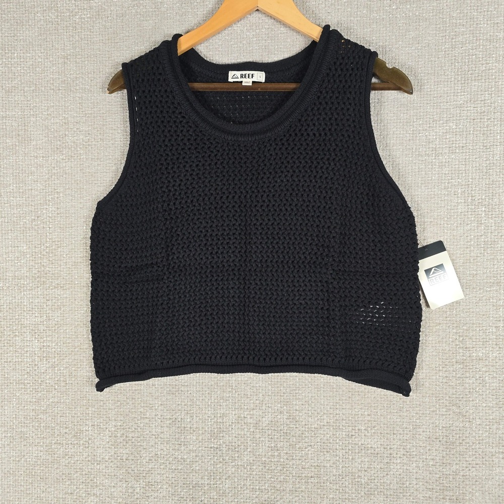 Reef Mika Sweater Tank Black Open Knit Crochet Sleeveless Top 3FWKT0922 Large